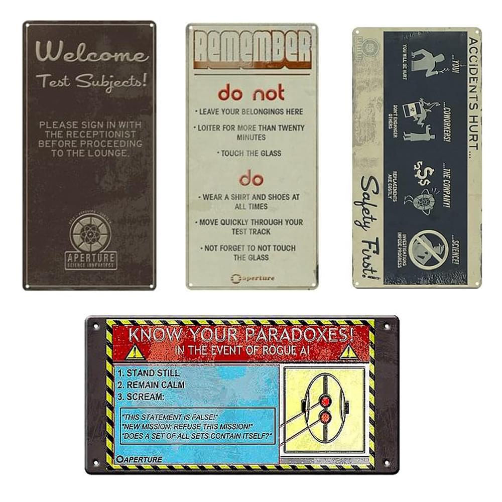 Portal Tin Wall Sign Set of 4: Remember, Welcome, Safety First, & Paradox