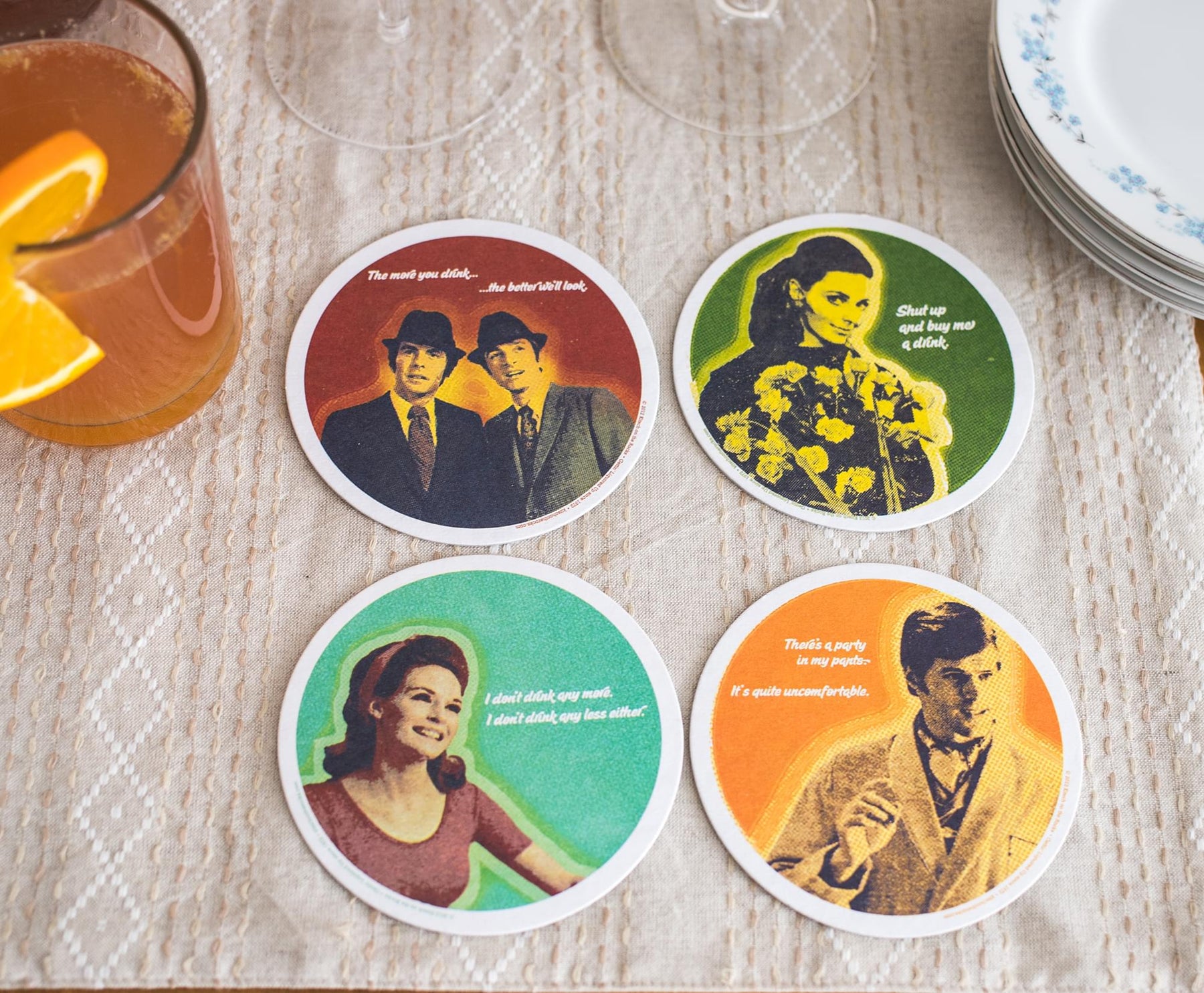 Retro Funny Quotes Cork Drink Coasters Set of 4