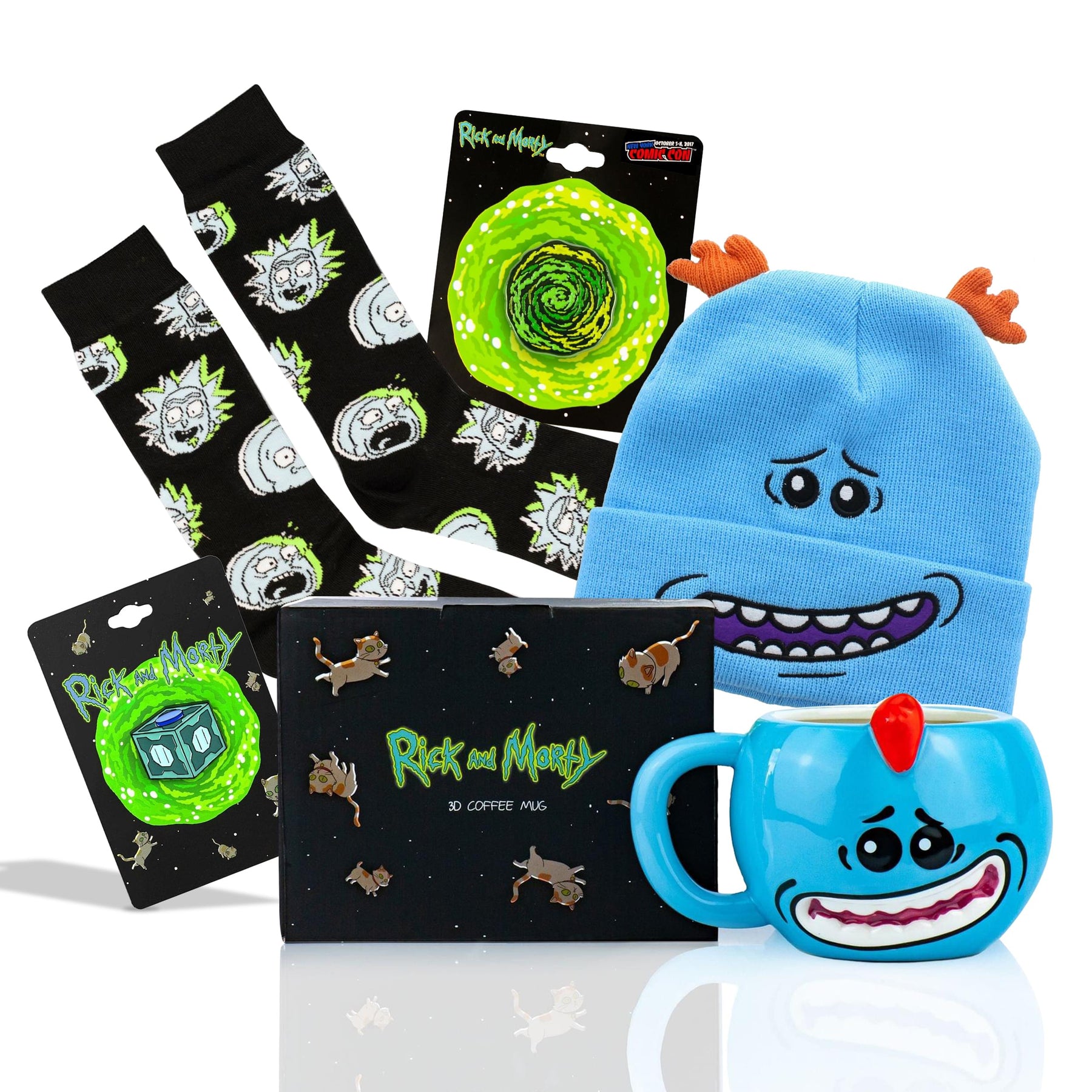 Rick And Morty Collector's  Bundle Includes Sock, Enamel Pins, Mug and Beanie