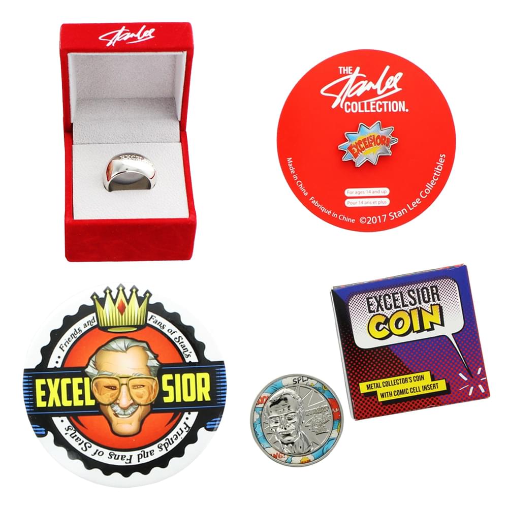 Stan Lee Excelsior 4 Piece Set with Coin, Button Pin, Enamel Pin, & Ring