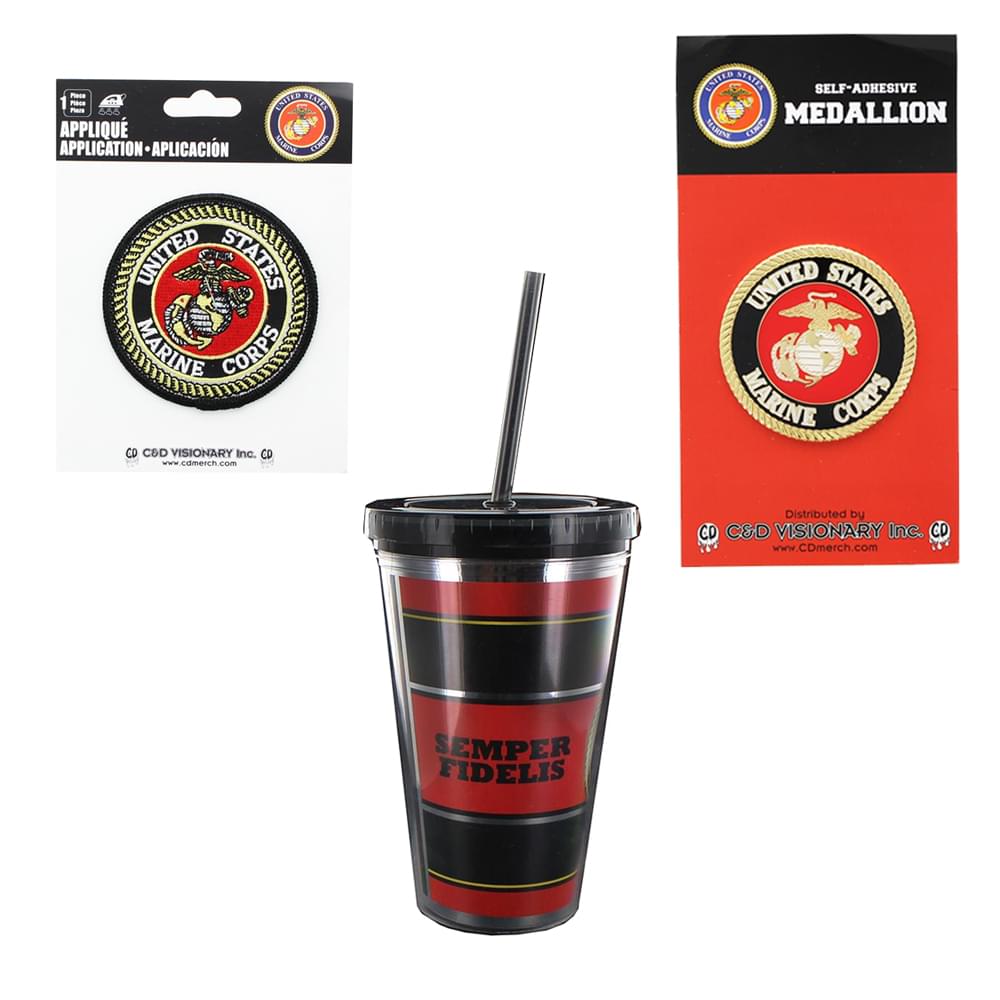 U.S. Marine Corps 3 Piece Gift Set with Medallion, Patch, and Carnival Cup