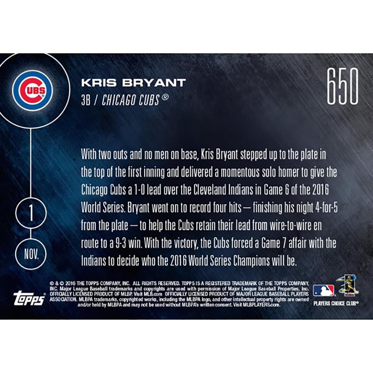 MLB Chicago Cubs Kris Bryant #650 2016 Topps NOW Trading Card