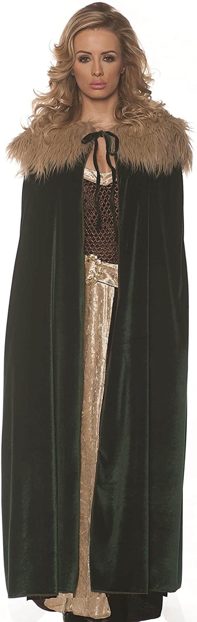 Women's Panne Renaissance Costume Cape w/ Faux Fur Trim - Green