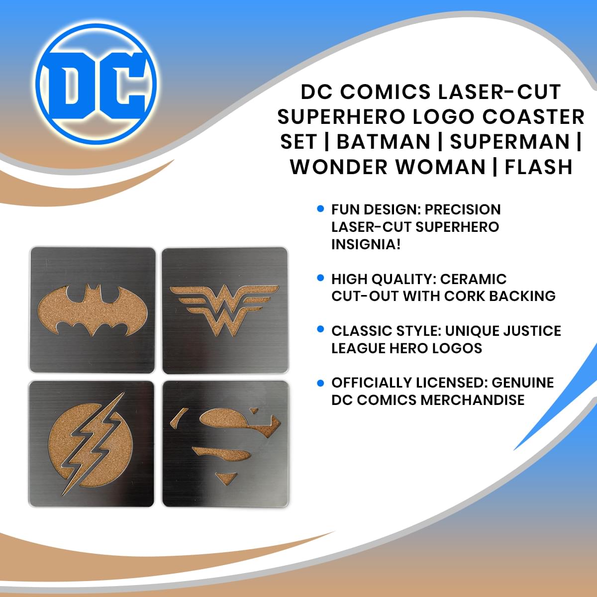 DC Comics Laser-Cut Superhero Logo Coaster Set | Batman | Superman | Wonder Woman | Flash