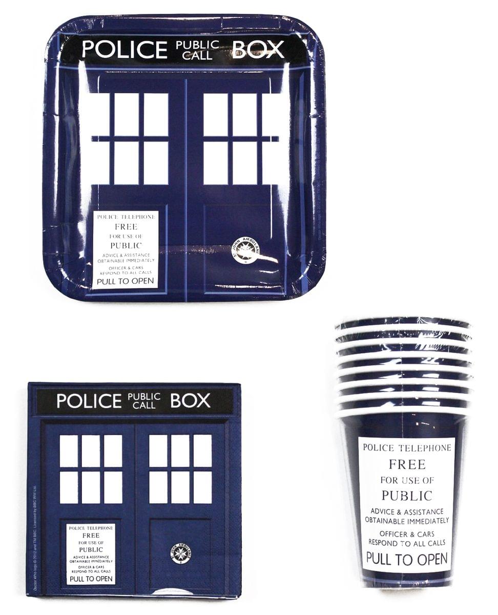 Doctor Who TARDIS Party Set: 9" Plates (x8), 9oz Cups (x8), 6.5" Napkins (x20)