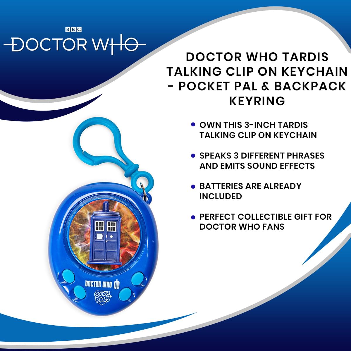 Doctor Who TARDIS Talking Clip On Keychain - Pocket Pal & Backpack Keyring