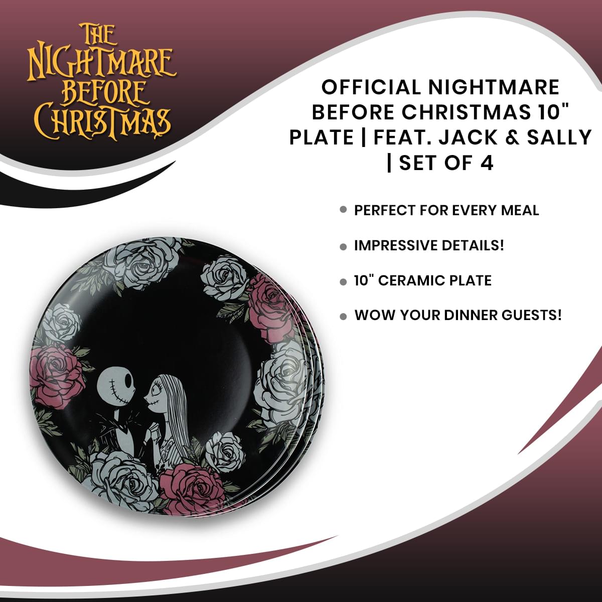 OFFICIAL Nightmare Before Christmas 10" Plate | Feat. Jack & Sally | Set of 4