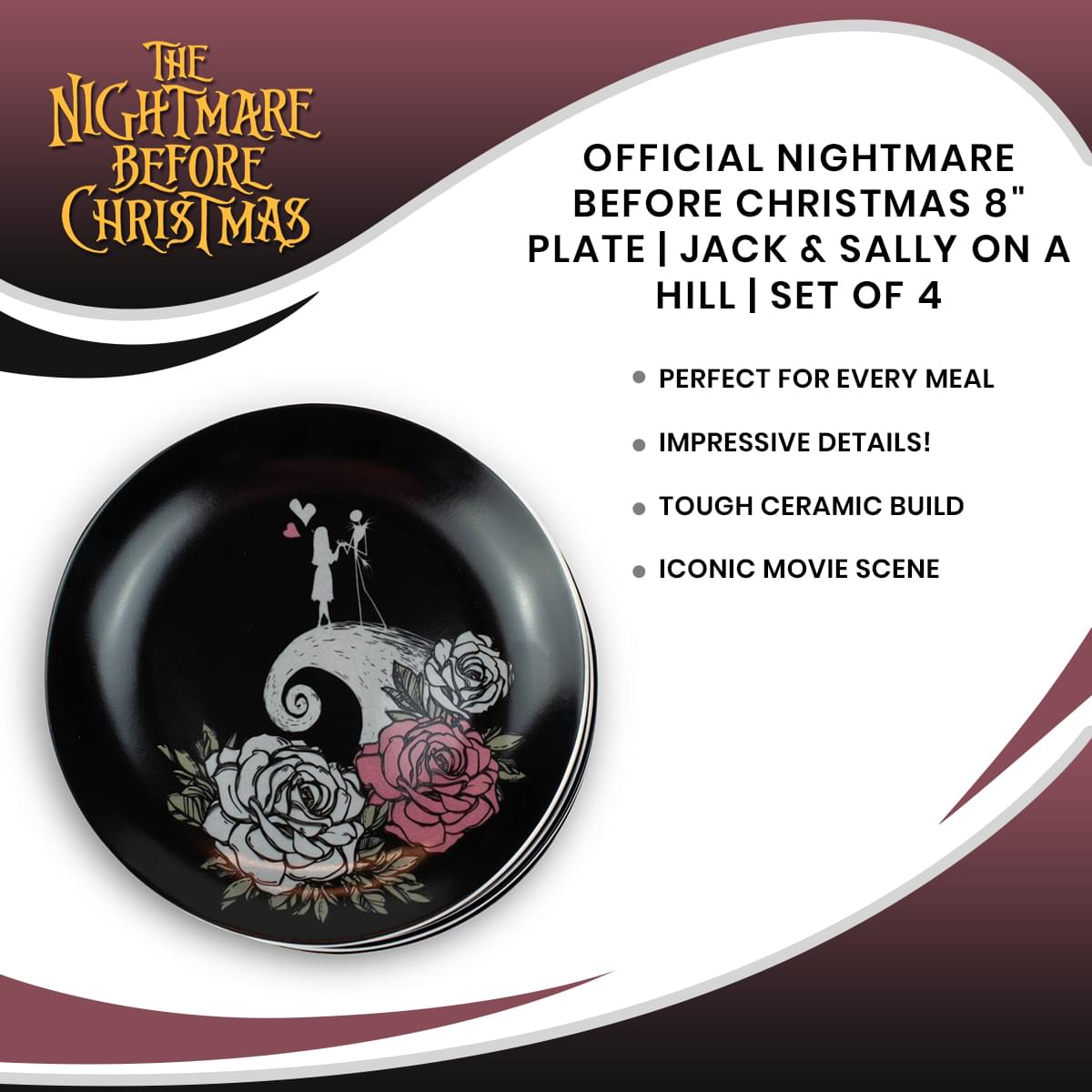 OFFICIAL Nightmare Before Christmas 8" Plate | Jack & Sally on a Hill | Set of 4