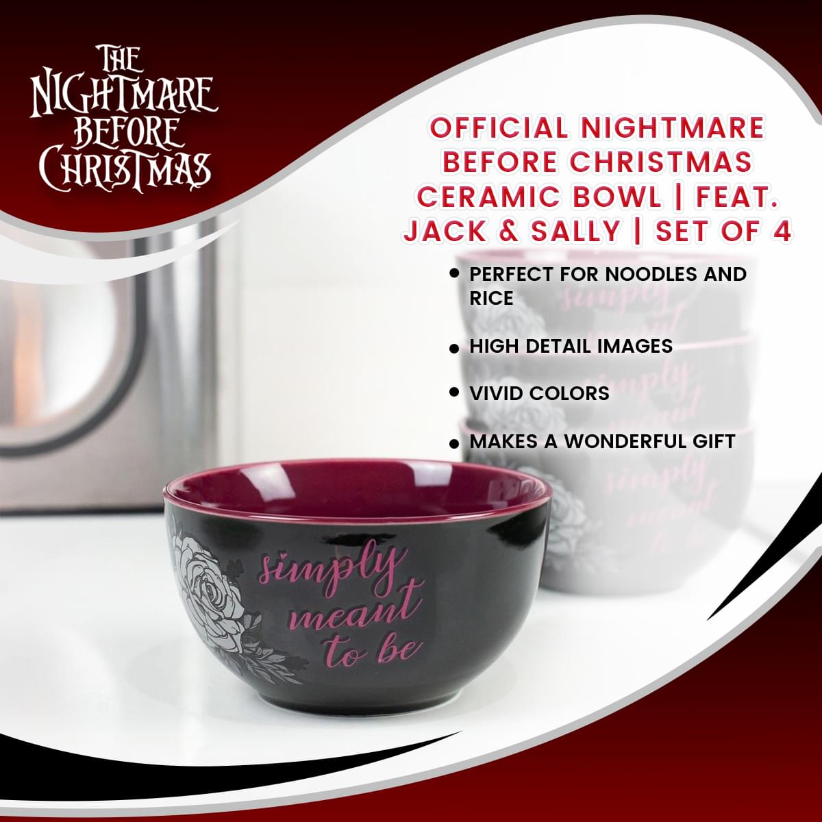 OFFICIAL Nightmare Before Christmas Ceramic Bowl | Feat. Jack & Sally | Set of 4