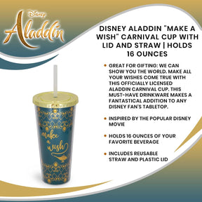 Disney Aladdin "Make A Wish" Reusable Carnival Cup with Lid and Straw | Holds 16 Ounces