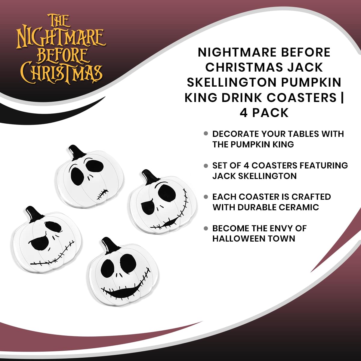 Nightmare Before Christmas Jack Skellington Pumpkin King Drink Coasters | 4 Pack
