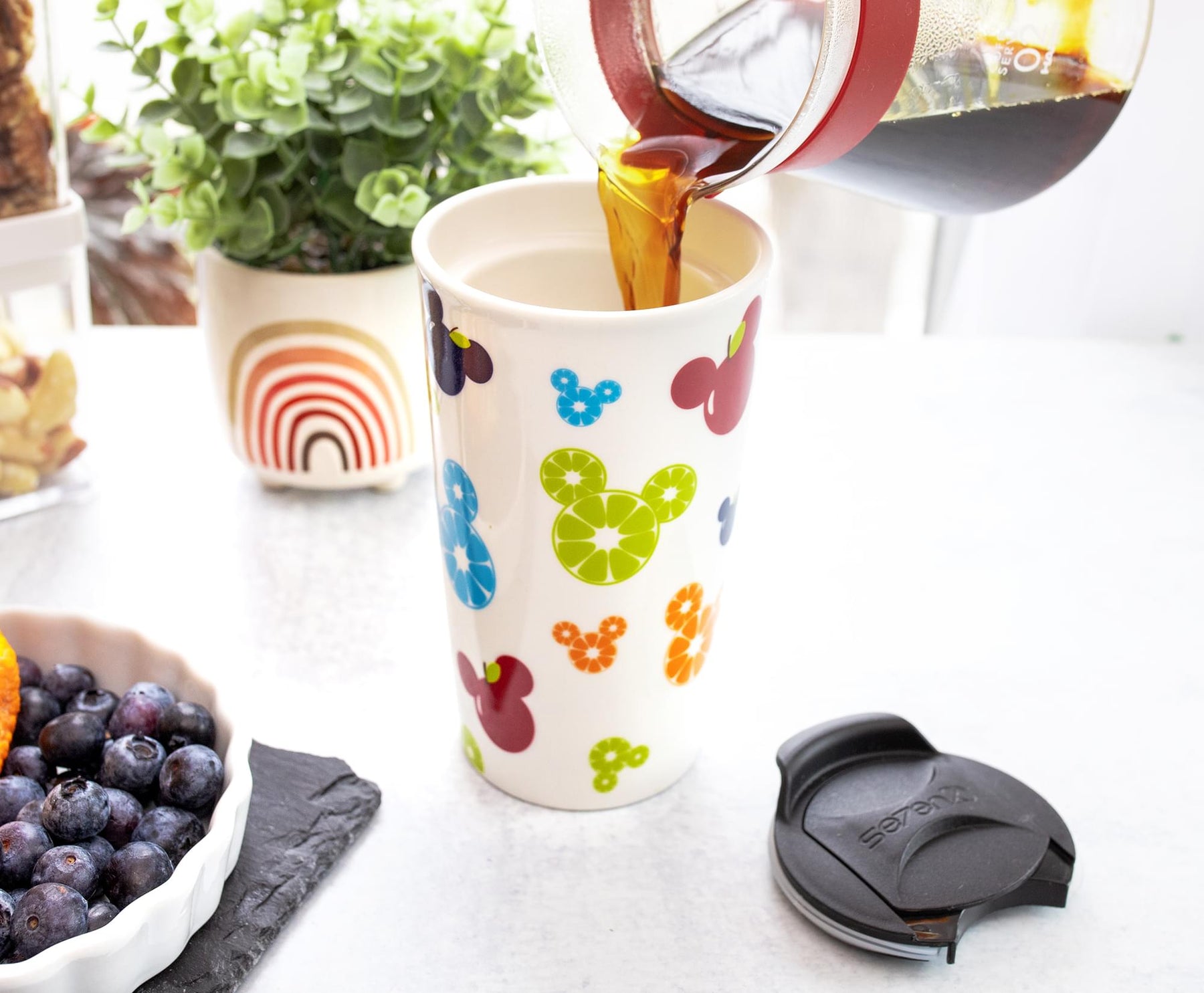 Disney Mickey Mouse Fresh Fruit Ceramic Travel Mug With Lid | Holds 10 Ounces