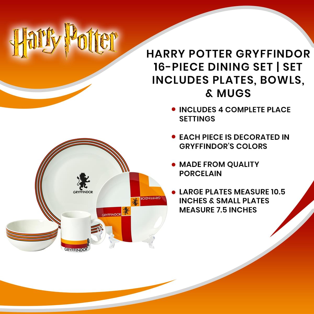 Harry Potter Gryffindor 16-Piece Dining Set | Set Includes Plates, Bowls, & Mugs