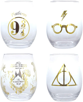 Harry Potter 17oz Stemless Wine Glasses | Set of 4 | Gold Symbols & Designs