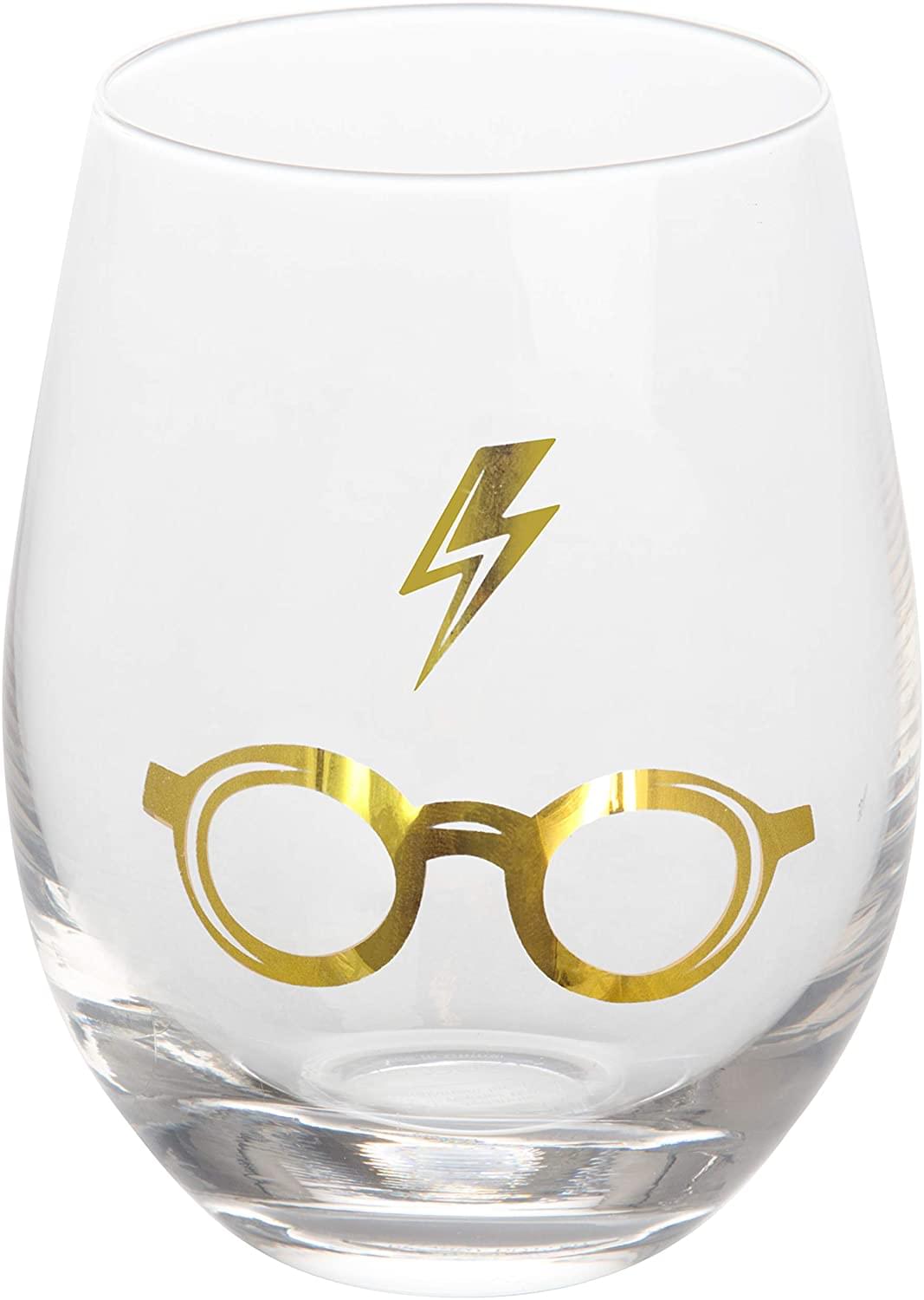 Harry Potter 17oz Stemless Wine Glasses | Set of 4 | Gold Symbols & Designs