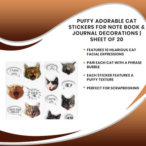 Puffy Adorable Cat Stickers For Note Book & Journal Decorations | Sheet of 20