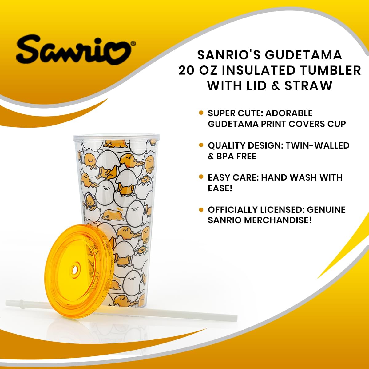 Sanrio’s Gudetama 20 Oz Insulated Tumbler With Lid & Straw