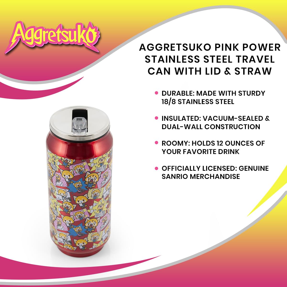 Aggretsuko Pink Power Stainless Steel Travel Can With Lid & Straw