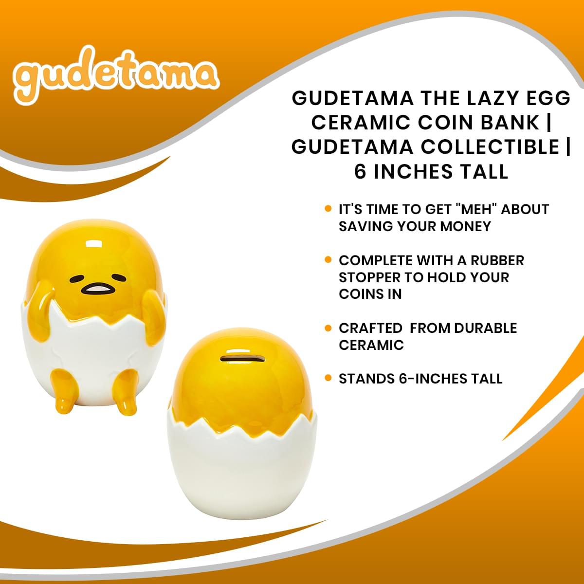 Gudetama The Lazy Egg Ceramic Coin Bank | Gudetama Collectible | 6 Inches Tall
