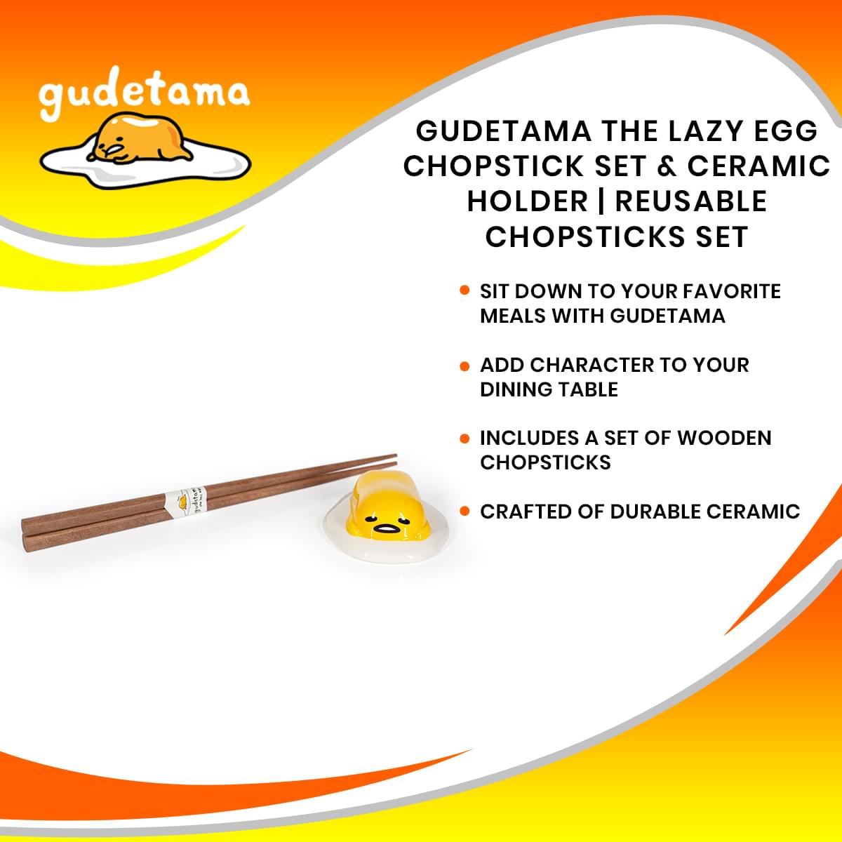 Gudetama The Lazy Egg Chopstick Set & Ceramic Holder | Reusable Chopsticks Set