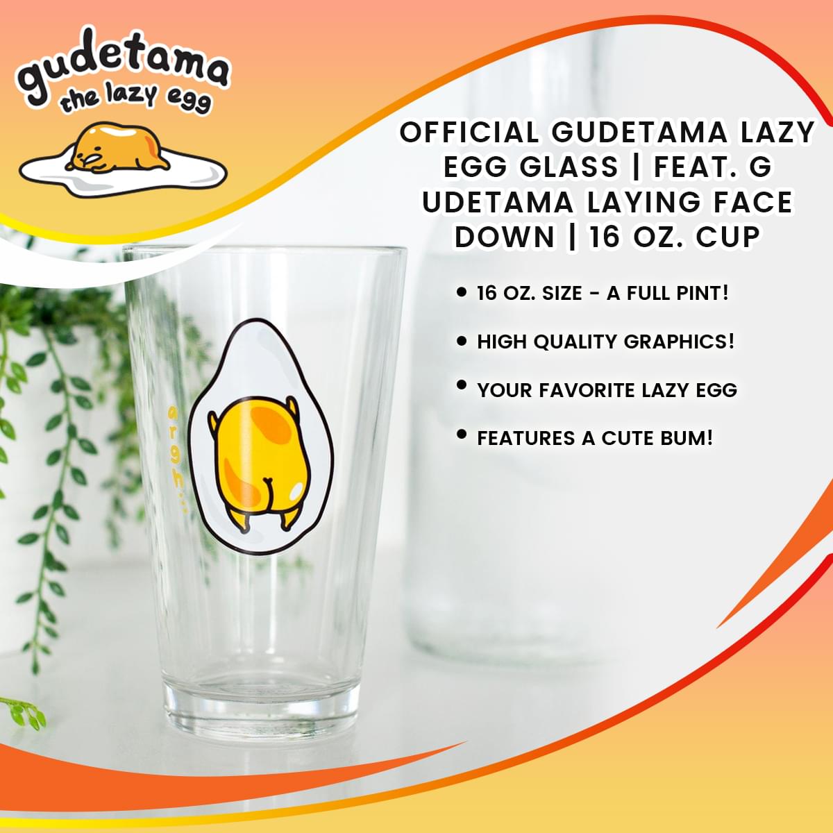 OFFICIAL Gudetama Lazy Egg Glass | Feat. Gudetama Laying Face Down | 16 Oz. Cup