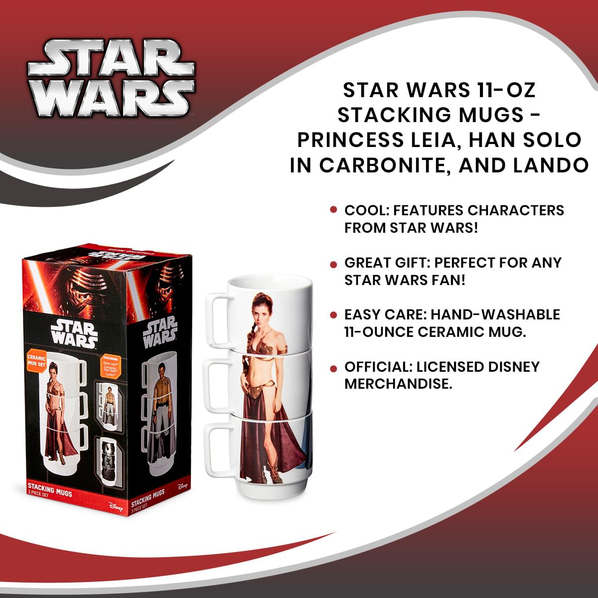 Star Wars 11-Oz Stacking Mugs - Princess Leia, Han Solo in Carbonite, and Lando