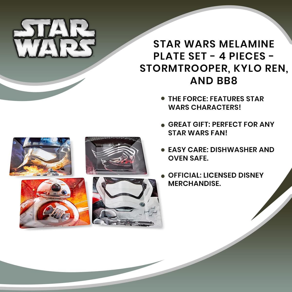 Star Wars Melamine Plate Set - 4 Pieces - Stormtrooper, Kylo Ren, and BB8