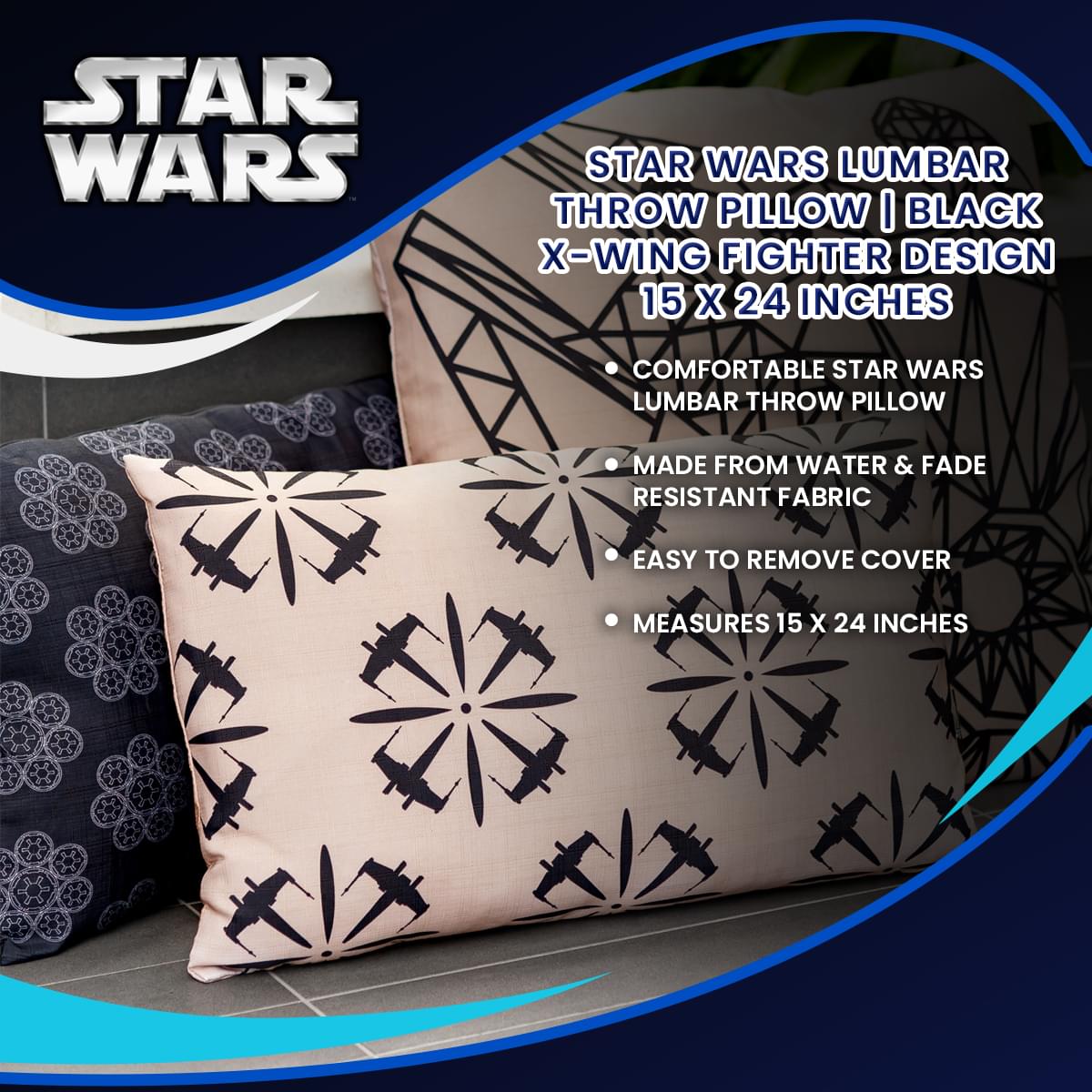 Star Wars Lumbar Throw Pillow | Black X-Wing Fighter Design | 15 x 24 Inches