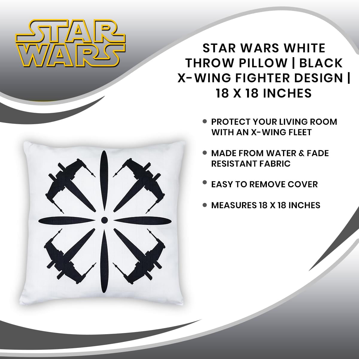 Star Wars White Throw Pillow | Black X-Wing Fighter Design | 18 x 18 Inches