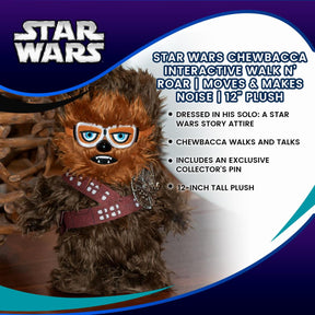 Star Wars Chewbacca Interactive Walk N' Roar | Moves & Makes Noise | 12" Plush w/ Millennium Falcon Pin