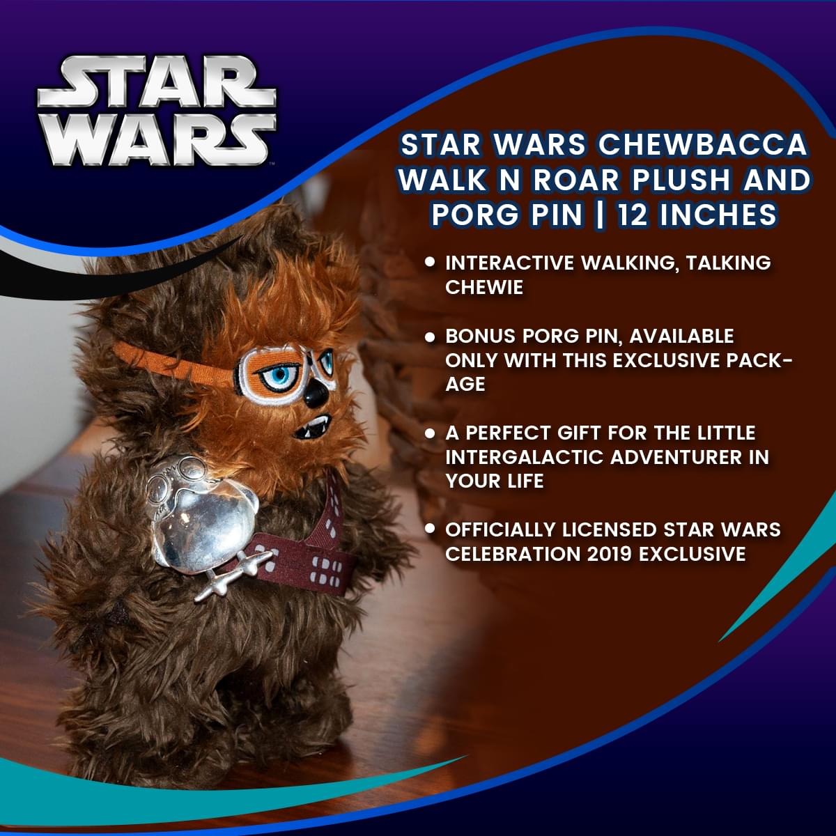 Star Wars Chewbacca Walk n Roar Plush and Porg Pin | 12 inches
