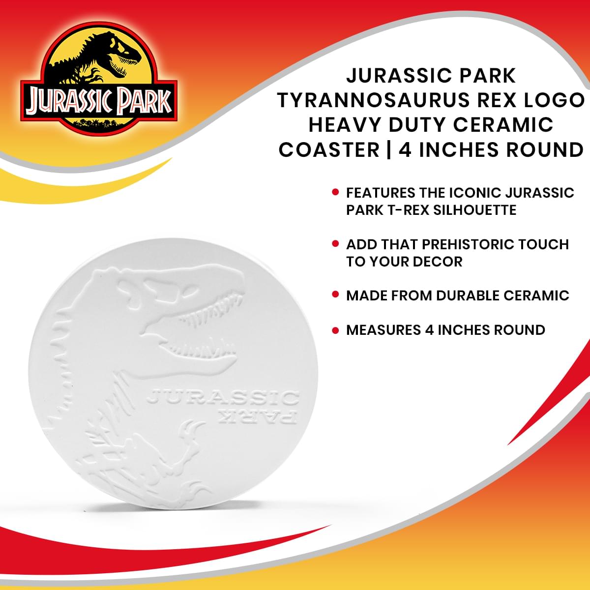 Jurassic Park Tyrannosaurus Rex Logo Heavy Duty Ceramic Coaster | 4 Inches Round