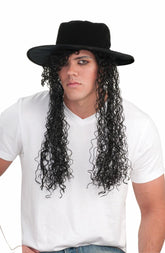 80's Adult Hat And Black Long Curly Costume Wig
