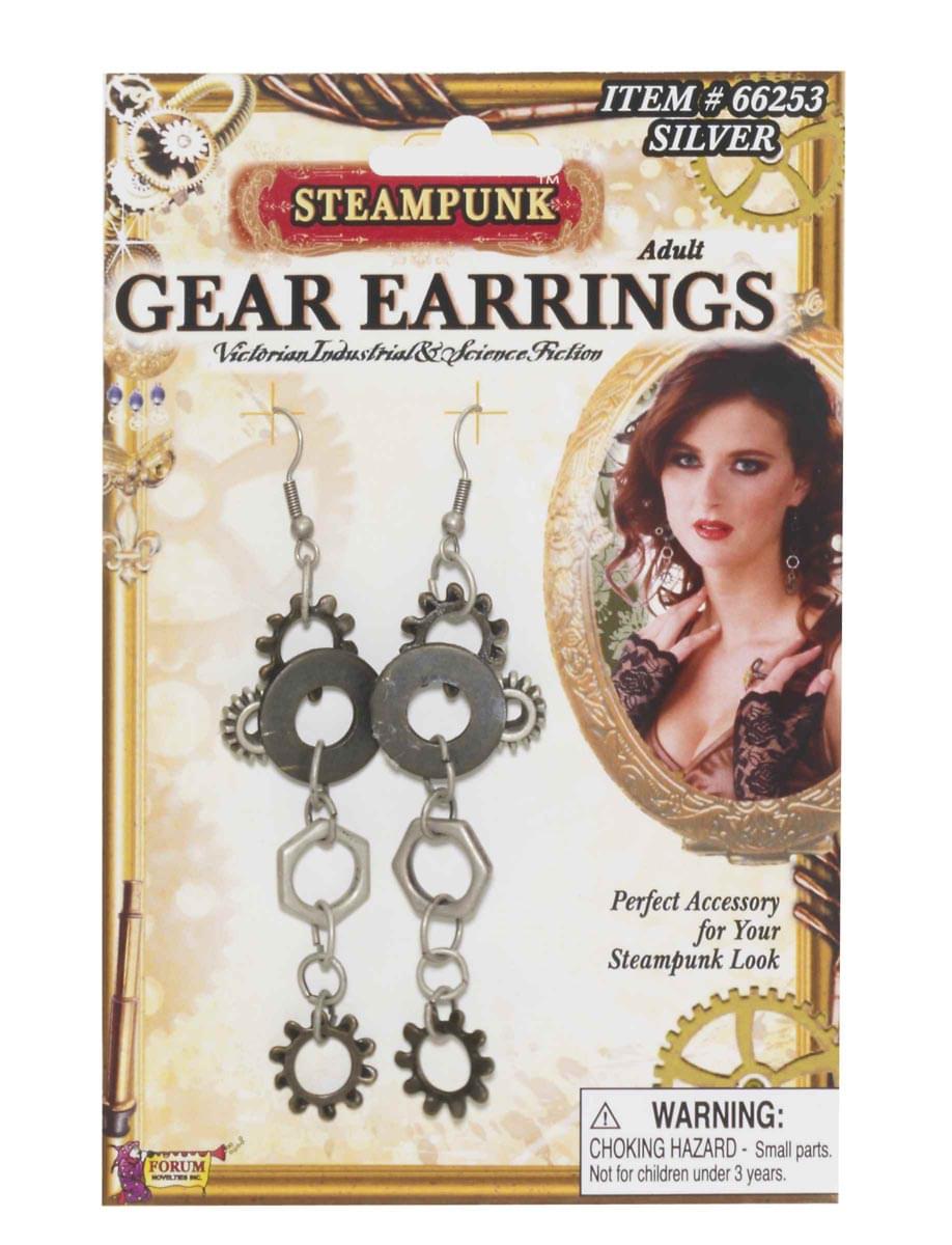 Steampunk Gear Silver Earrings Adult Costume Jewelry