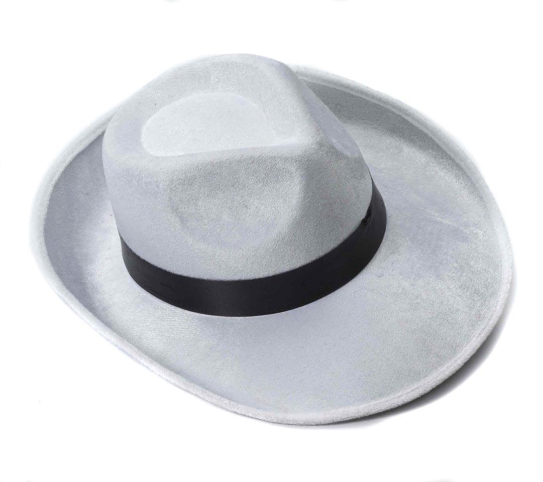 White Velvet Gangster Hat With Black Band Costume Accessory