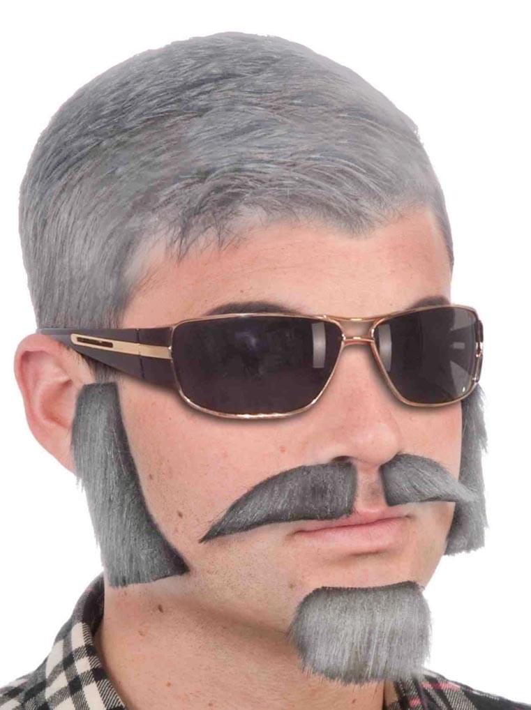 Grey Facial Hair Costume Kit With Sideburns, Mustache, And Goatee